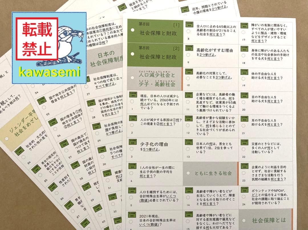 【中学受験】予習シリーズ社会 6年上 (第1-13回) 公民 暗記カードa