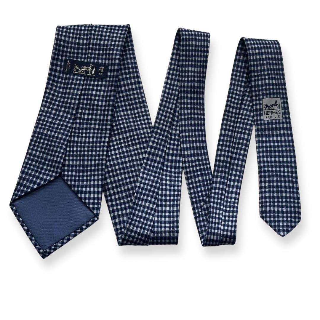 美品✨HERMES ネクタイ　エルメス　ギンガムチェック　ネイビー　【A】