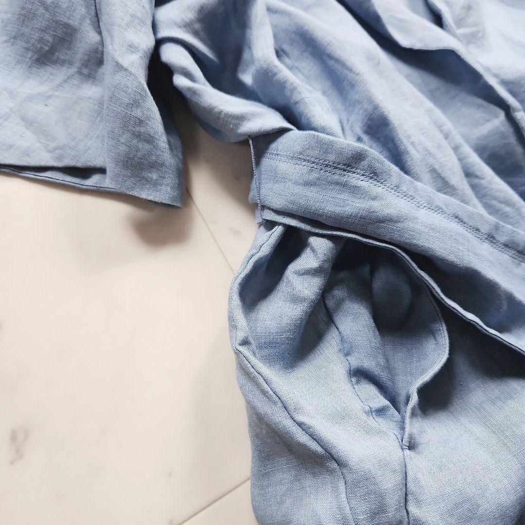 美品 カオス 麻100% 羽織り シャツワンピース リボン付き ブルー ゆったり