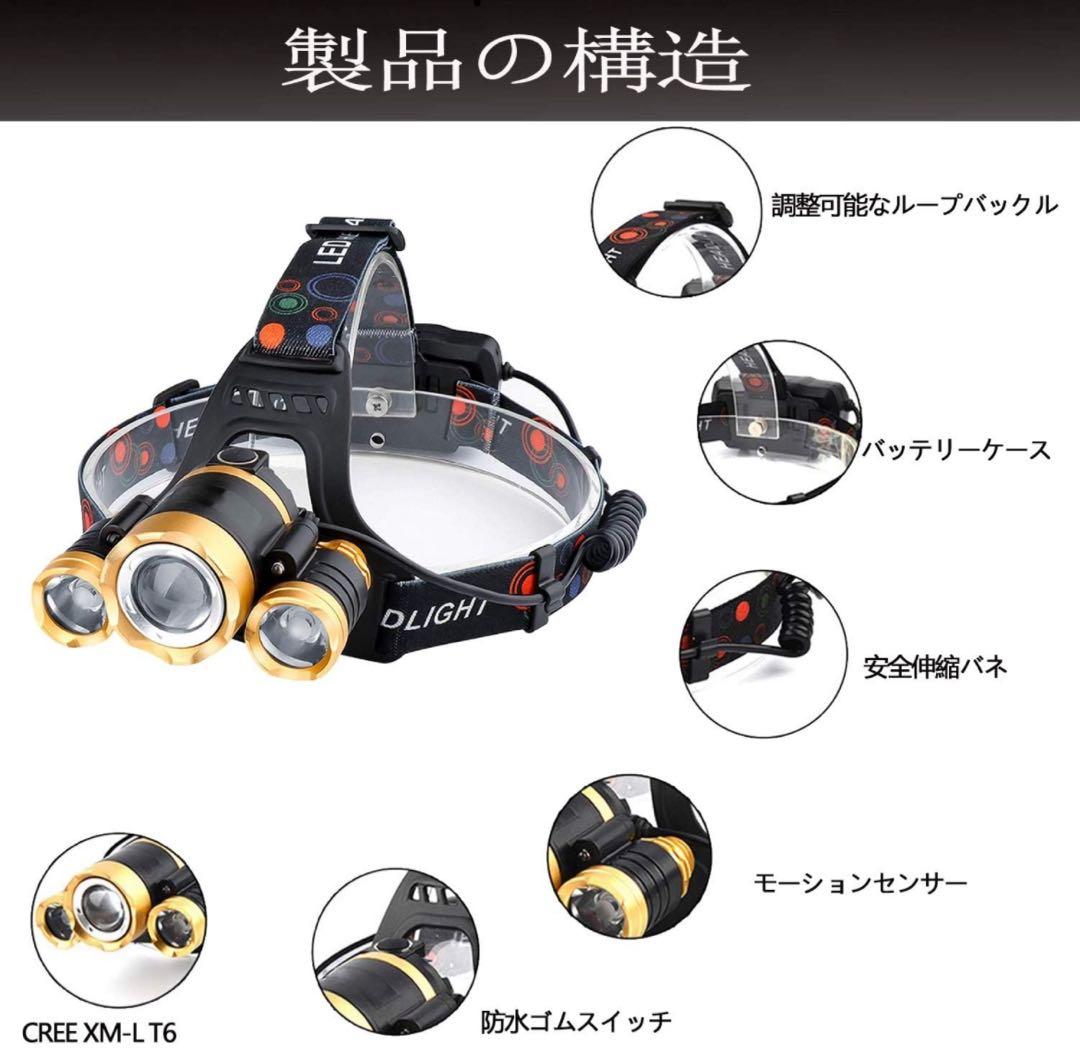 ヘッドライト LED ヘッドランプ USB 充電式 センサー機能付き120°調整