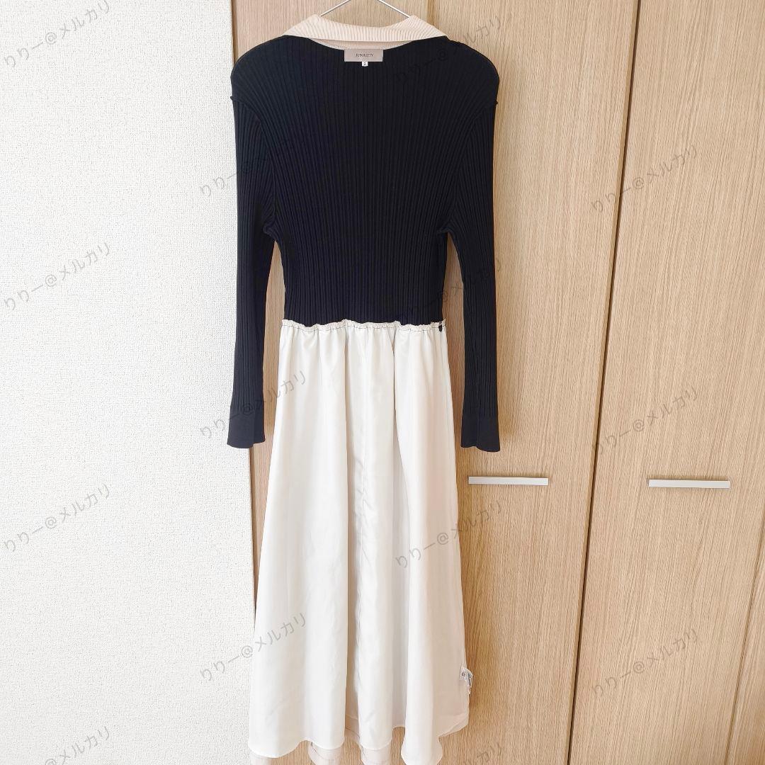 25SS・サイズ2　JUSGLITTY　衿ニットドッキングワンピース　ブラック