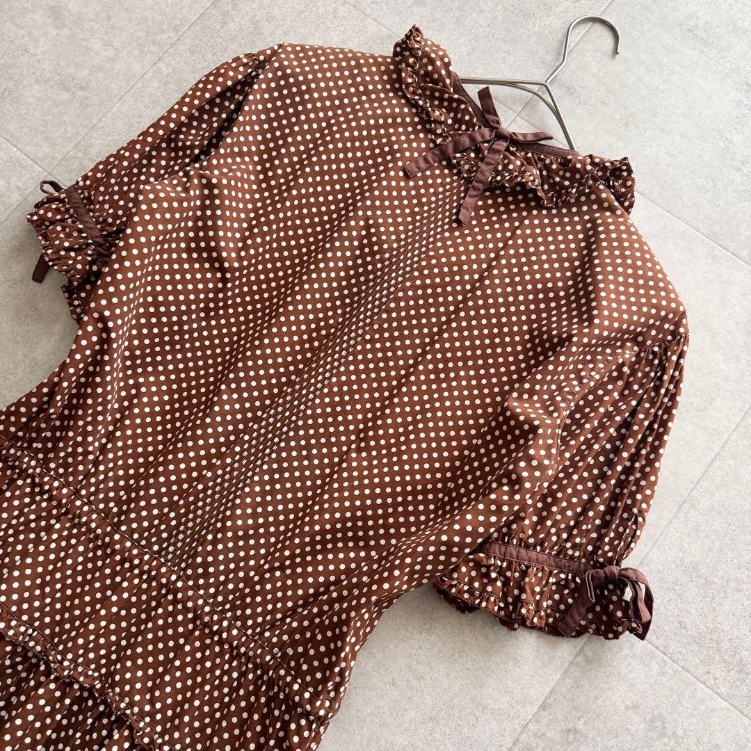 ピンクハウス　ロングワンピース　ティアード　リボン　フリル　ブラウン　水玉