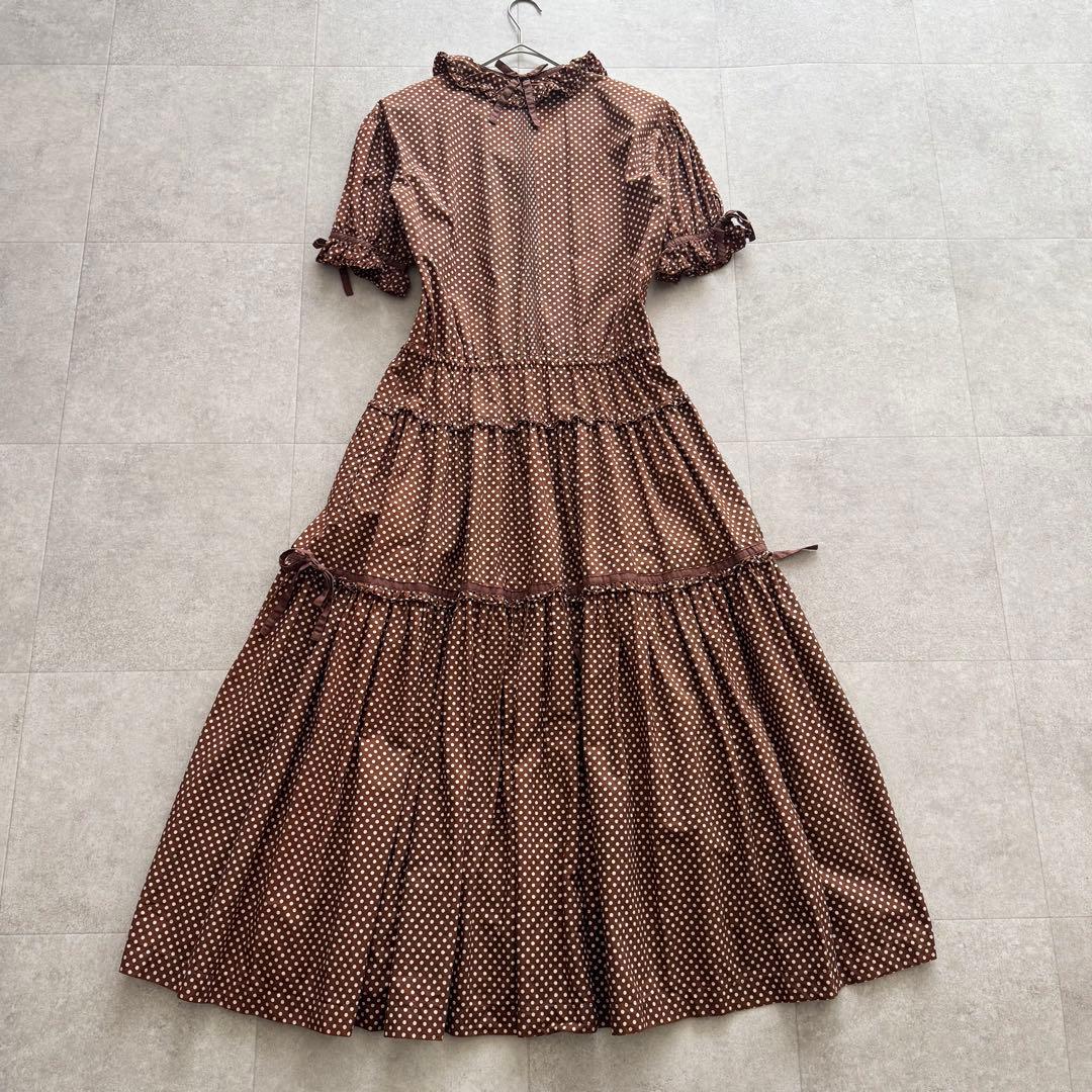 ピンクハウス　ロングワンピース　ティアード　リボン　フリル　ブラウン　水玉