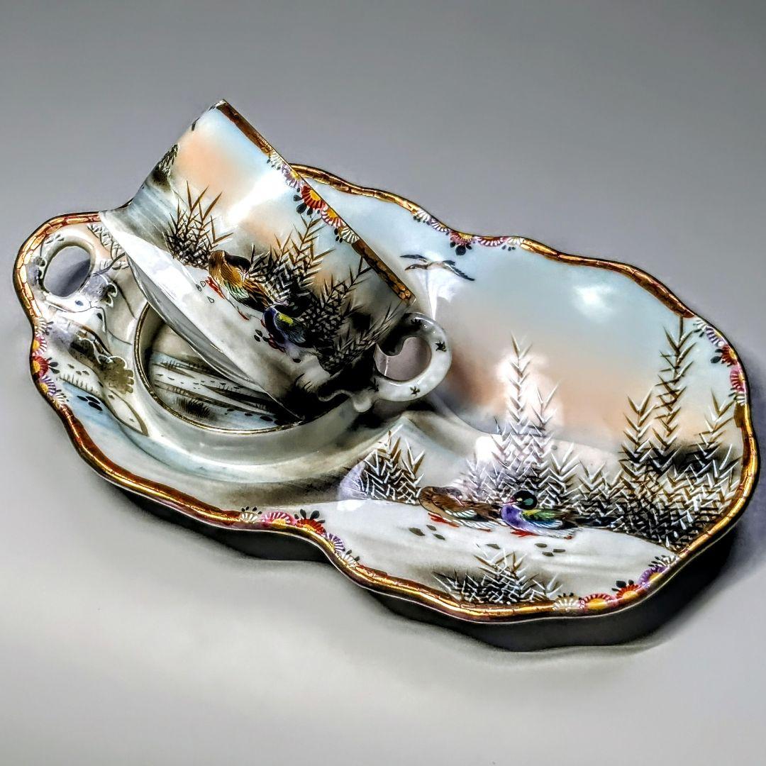 オールドニッポン 西田　スナックセット卵殻手　花鳥図冬景色　白釉盛上　超細密画