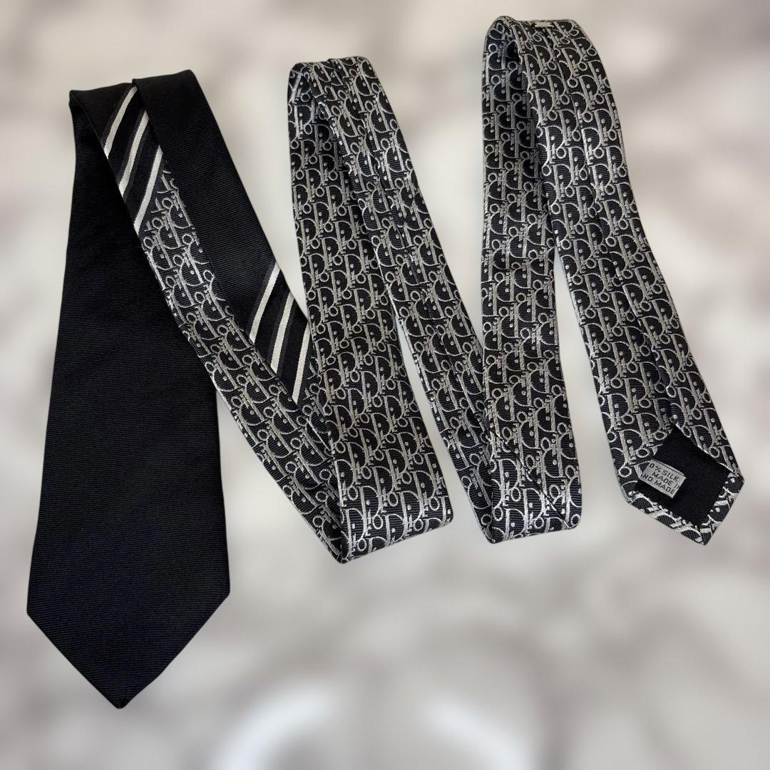 DIOR ネクタイ　ブラック　黒　オブリーク　トロッター　ストライプ　刺繍