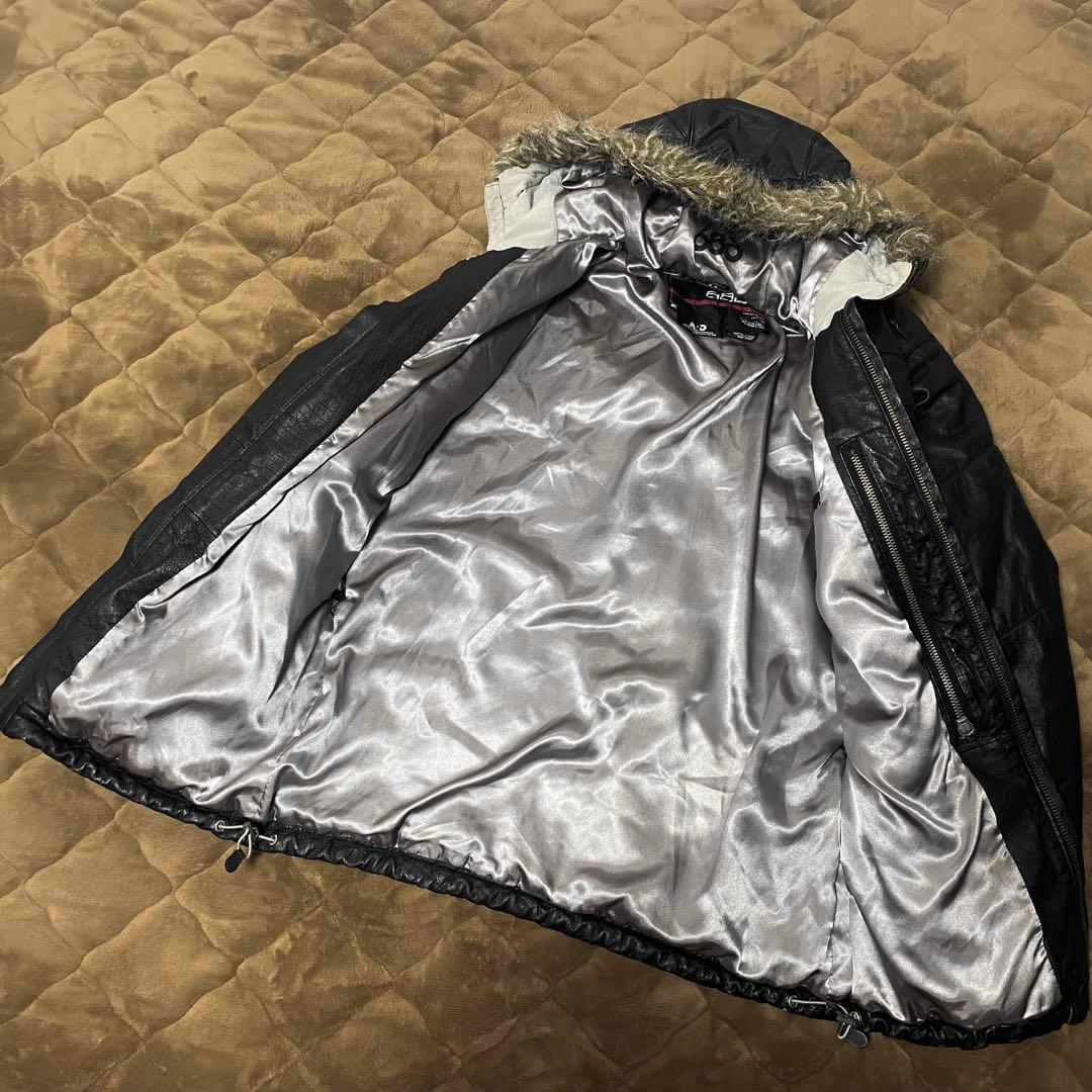 【686】レザー ブルゾン クロコ型押し ファー フードジャケット（M）