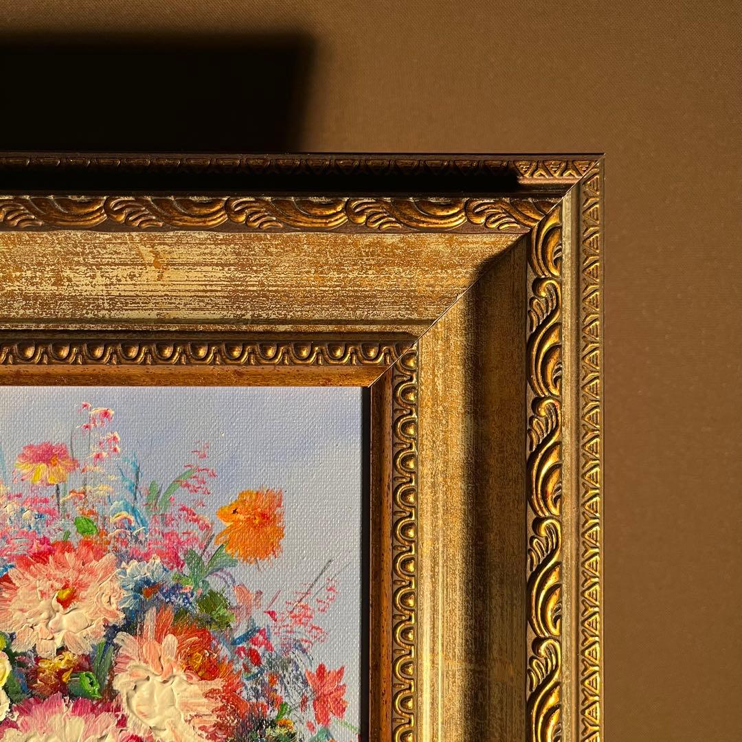 手書き油絵 花瓶の花 額付 絵画 インテリア 油彩画