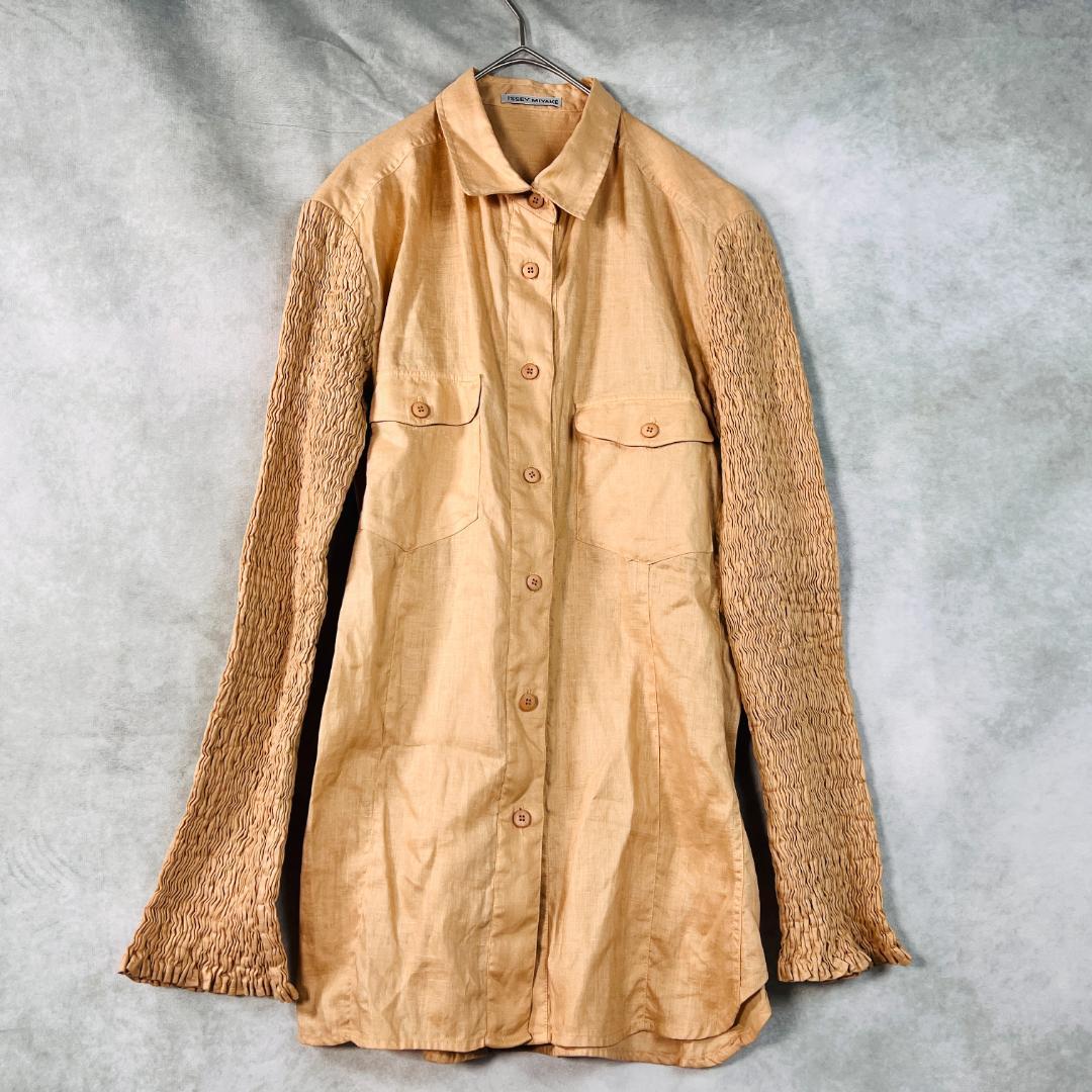 【美品★イッセイミヤケ】リネンシャツ 縮絨スリーブ L プリーツ　しわ加工