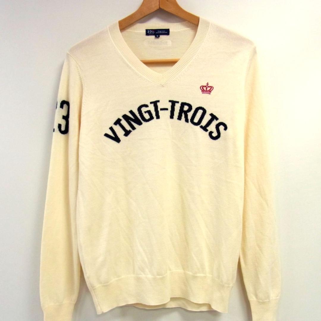 極美品　23区 GOLF　 Vネック　薄手　刺繍　ニット セーター　ホワイト　L