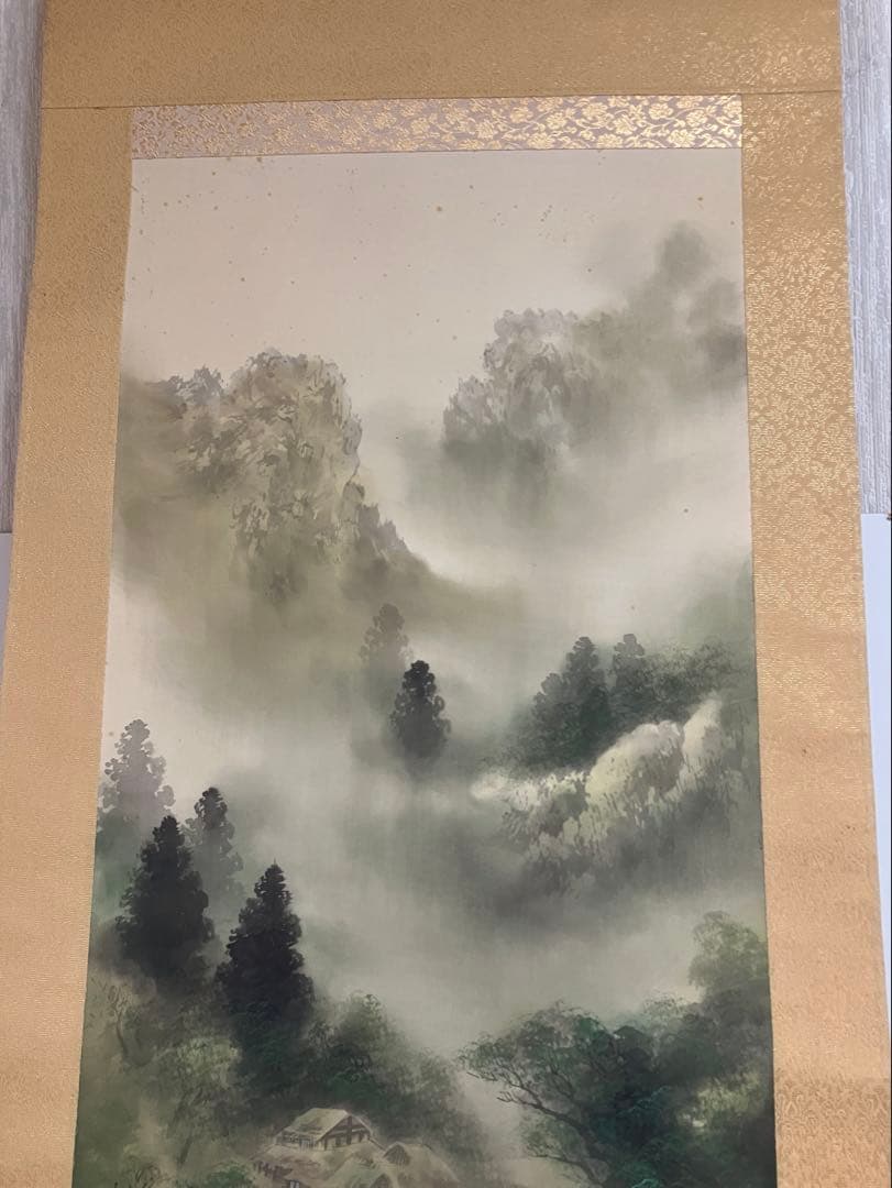 武山　掛軸 古美術 掛け軸 彩色山水 風景画 山岳 河川