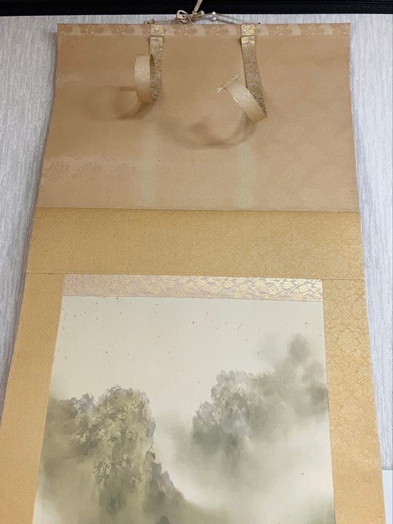 武山　掛軸 古美術 掛け軸 彩色山水 風景画 山岳 河川