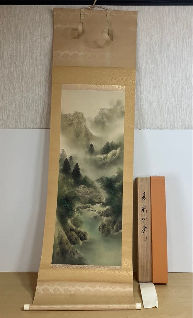 武山　掛軸 古美術 掛け軸 彩色山水 風景画 山岳 河川