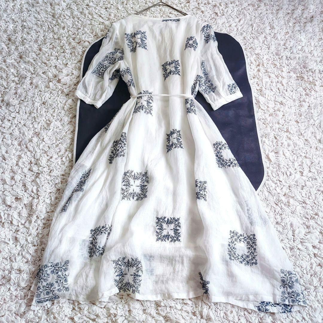 【美品】 センソユニコ MIC リネン100% 刺繍 ワンピース ベルト 清楚