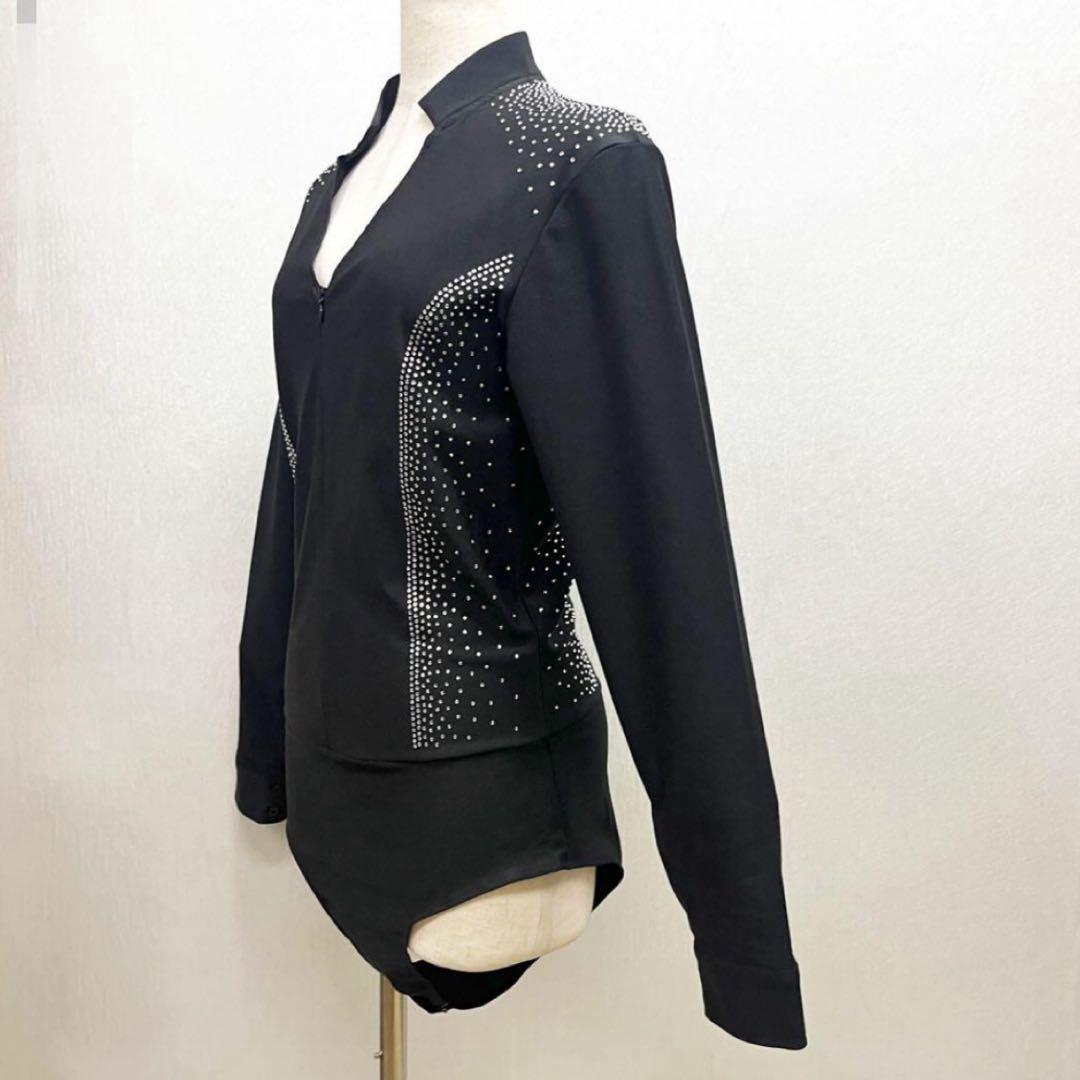 社交ダンス メンズ ファスナー ラテンシャツ ブラック ラインストーン サイズM