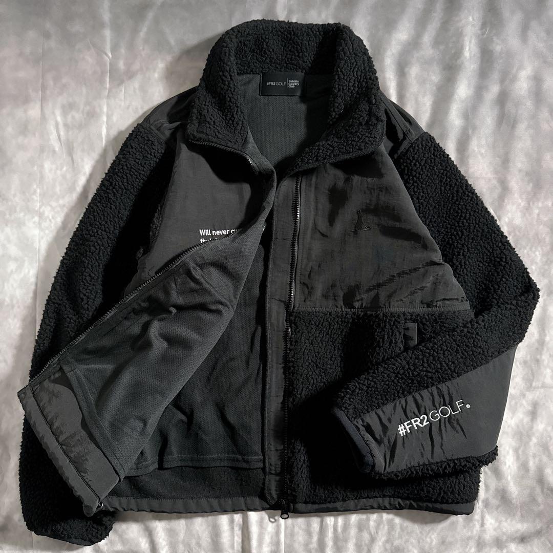 FR2 GOLF ボアフリース　刺繍ロゴ　バックプリント　切替　黒　ゴルフフェア