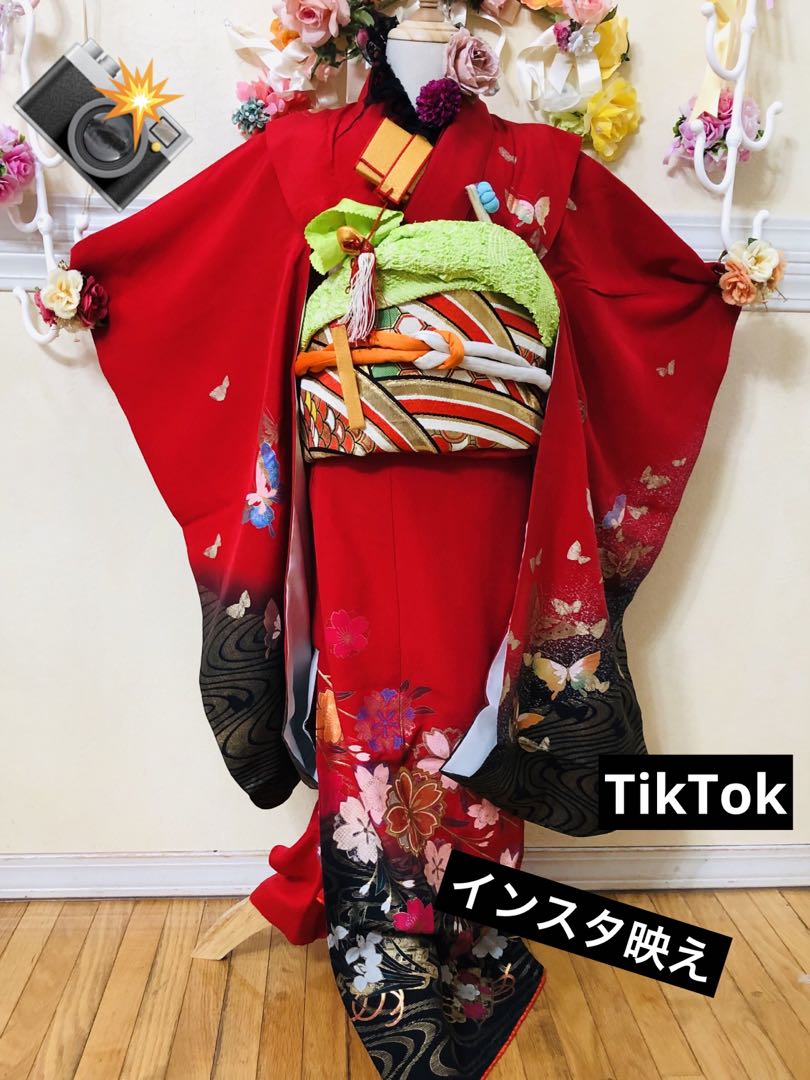 七五三豪華正絹7歳完全フルセット‼️人気赤×黒暈し⭐︎蝶桜流水金彩金箔豪華絢爛銘品