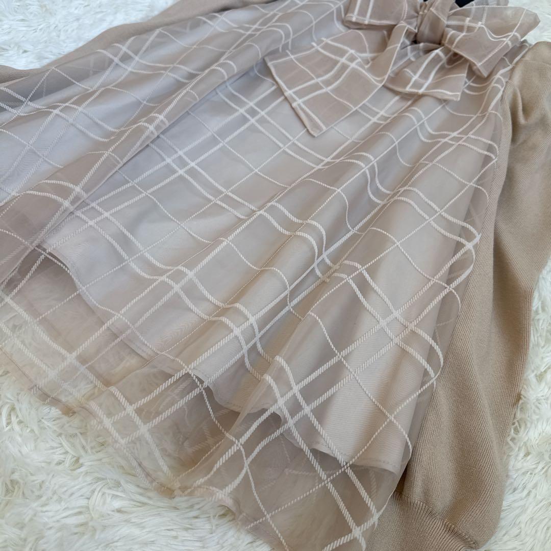 [美品] セルフォード　チェックフロッキーボウタイブラウス　ベージュ　38