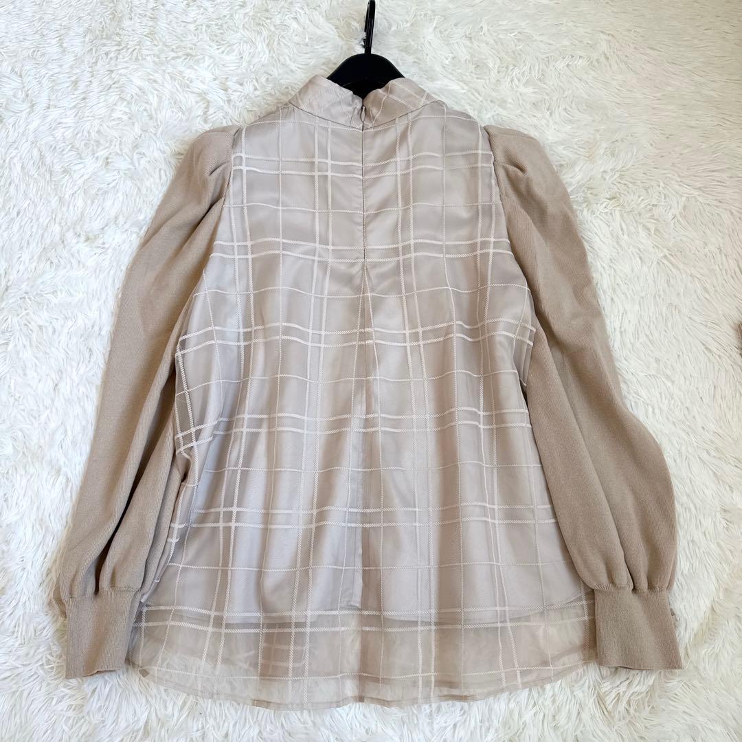 [美品] セルフォード　チェックフロッキーボウタイブラウス　ベージュ　38