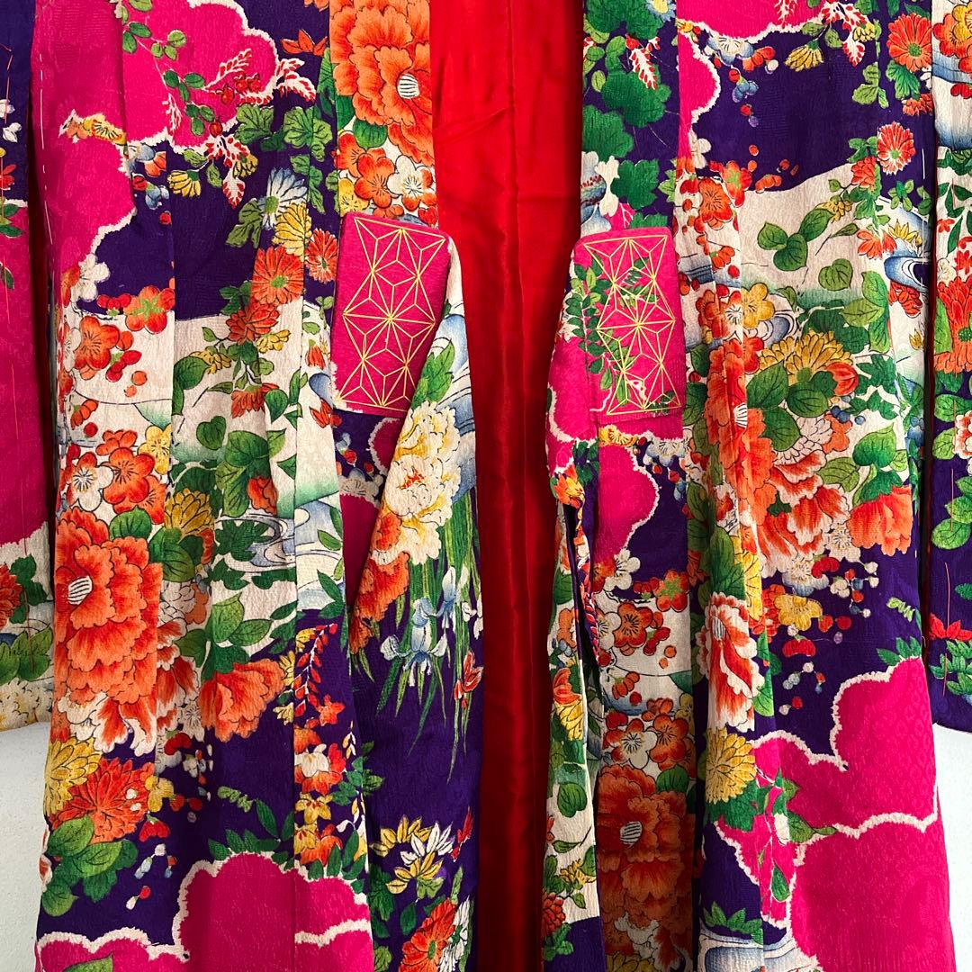 【極希】七五三 3歳〜5歳 アンティーク着物 大正ロマン 紫×マゼンタ 牡丹