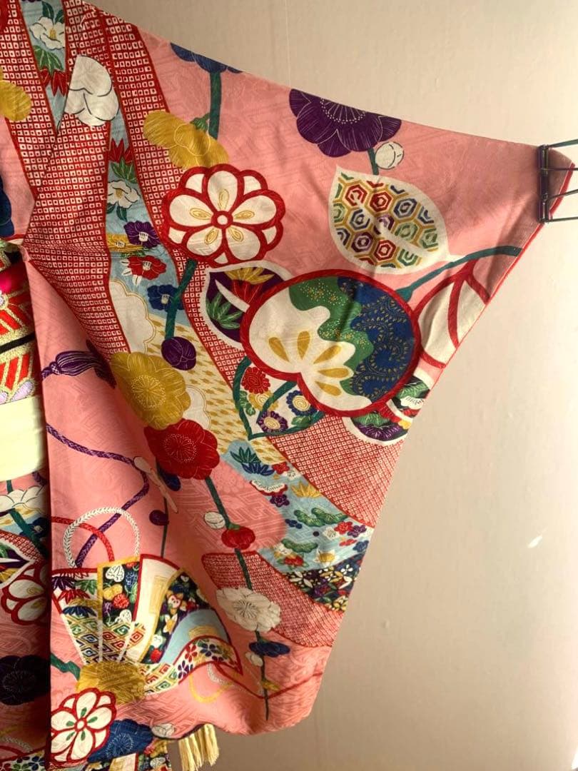 【商談中】ジュニア　子供　着物　/ 扇子　流水文様　梅　橘