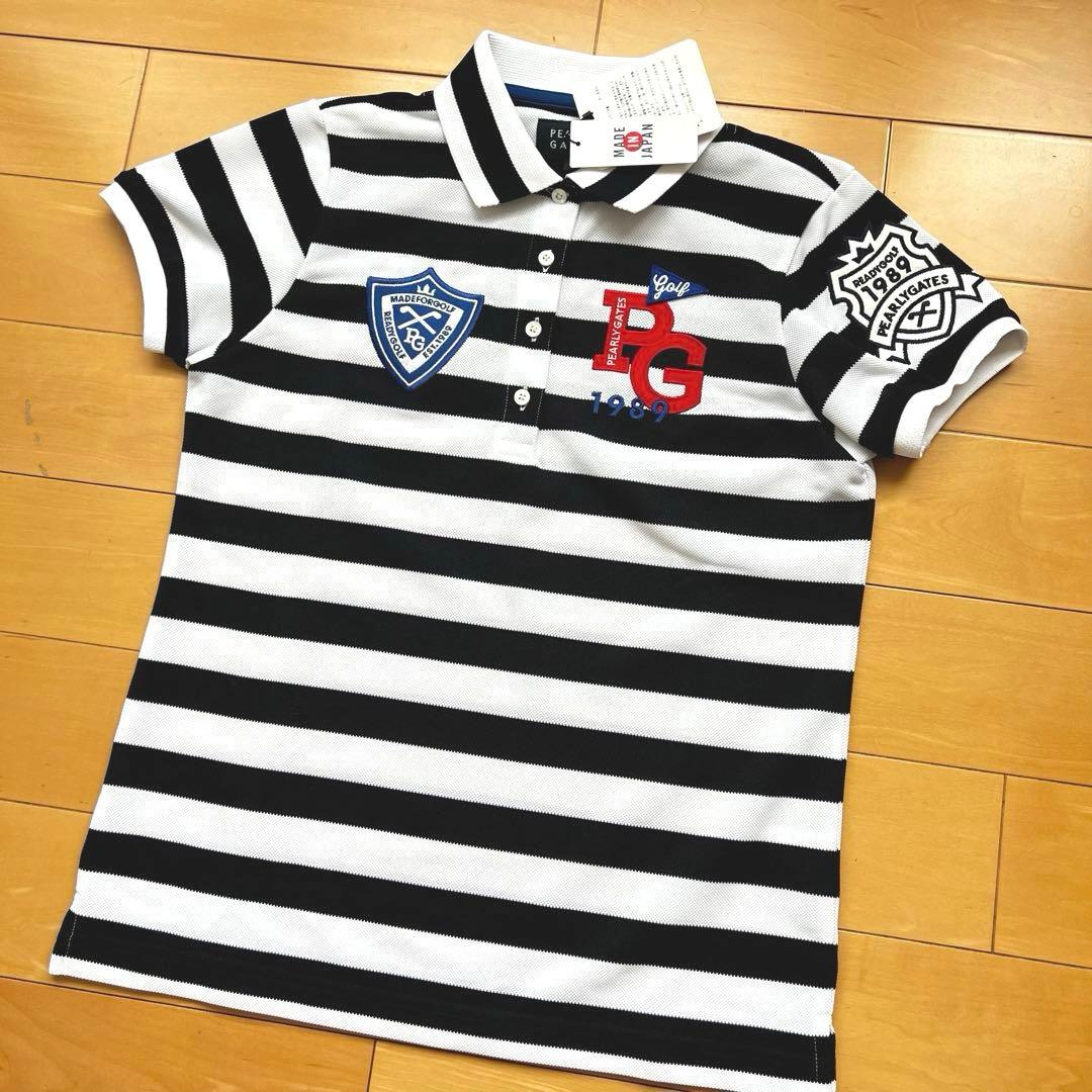 日本製⭐️新品パーリーゲイツ 速乾メッシュボーダーポロシャツ⭐️ビッグロゴ付き