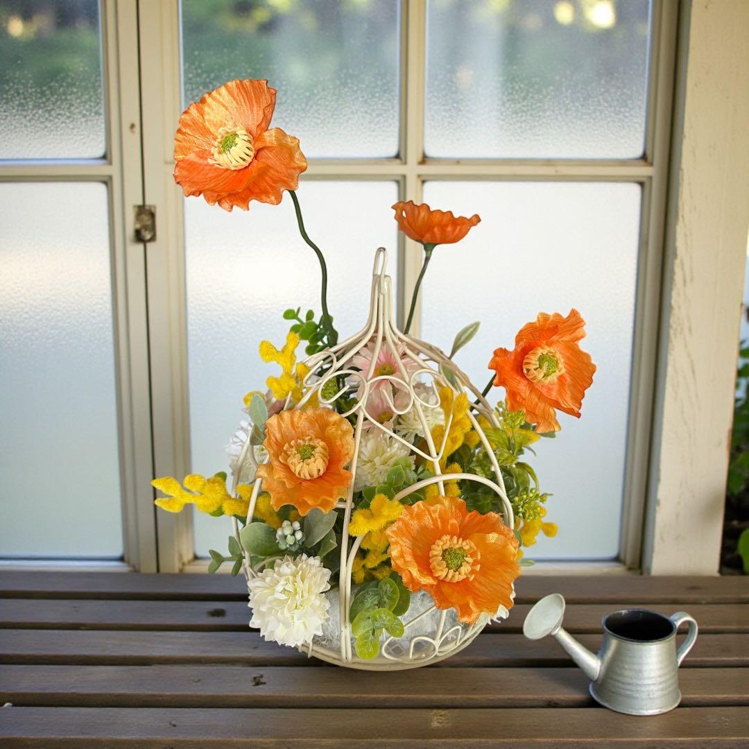 ハンドメイドアーティフィシャルフラワー　スプリングミモザポピー鳥籠34