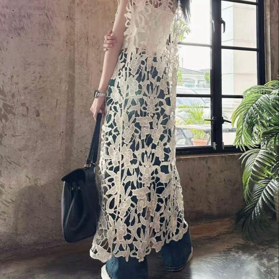 【♡アンドレアコー♡】レースレイヤードワンピース アイボリー ロング フリー