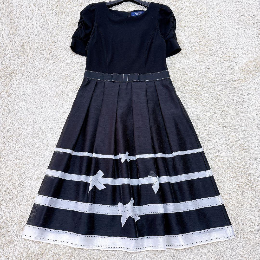 美品✨エムズグレイシー2025ボーダーリボンプリントワンピース 大きいサイズ40