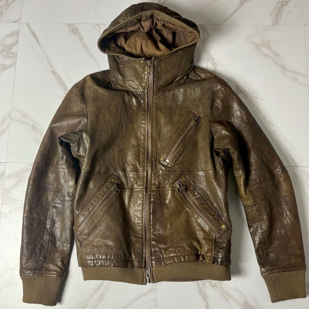 希少◆AVIREX フード付 ゴートレザー ジャケット リブ袖 ジップアップ L