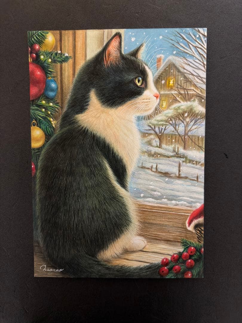 色鉛筆画 A4 ハチワレ猫001