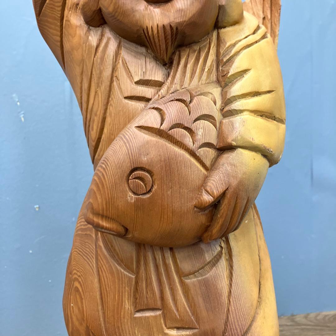 4F 木彫り 恵比寿様 置物 縁起物 七福神 彫刻 大漁追福 商売繁盛 オブジェ