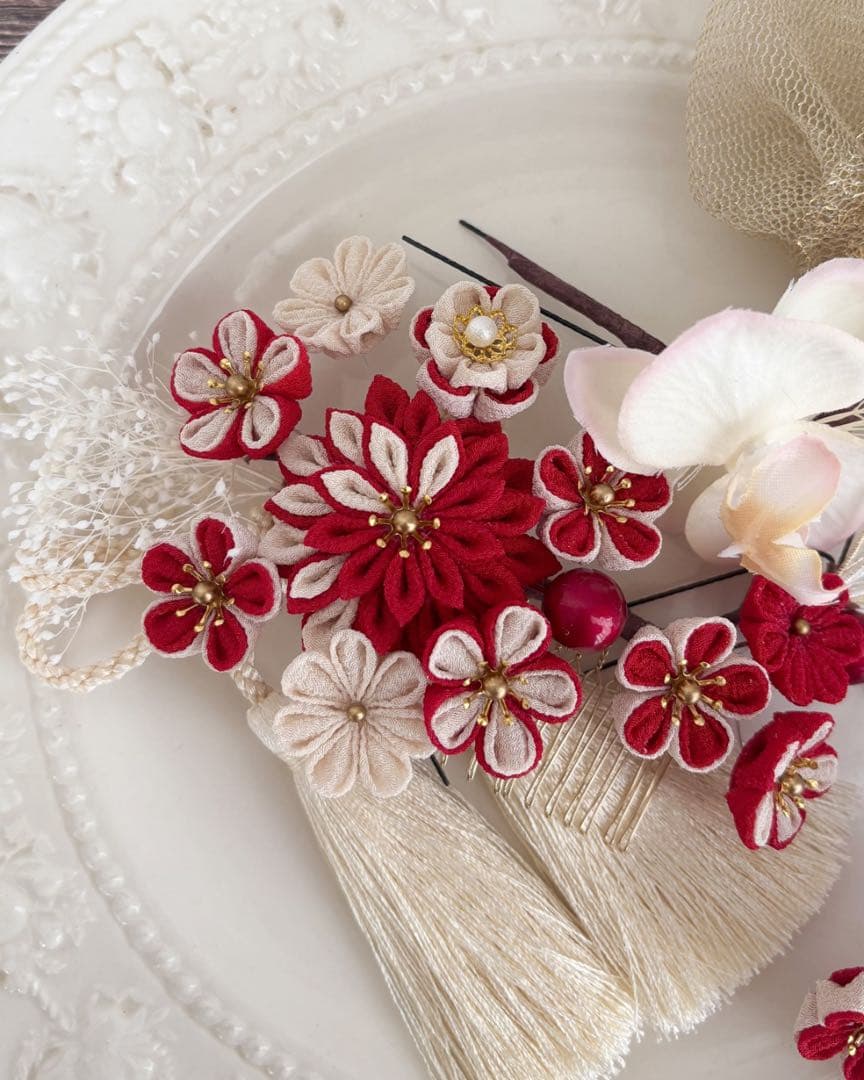 【レトロ❤︎七五三】レッド×アイボリーコームヘッドドレス 胡蝶蘭 水引 チュール