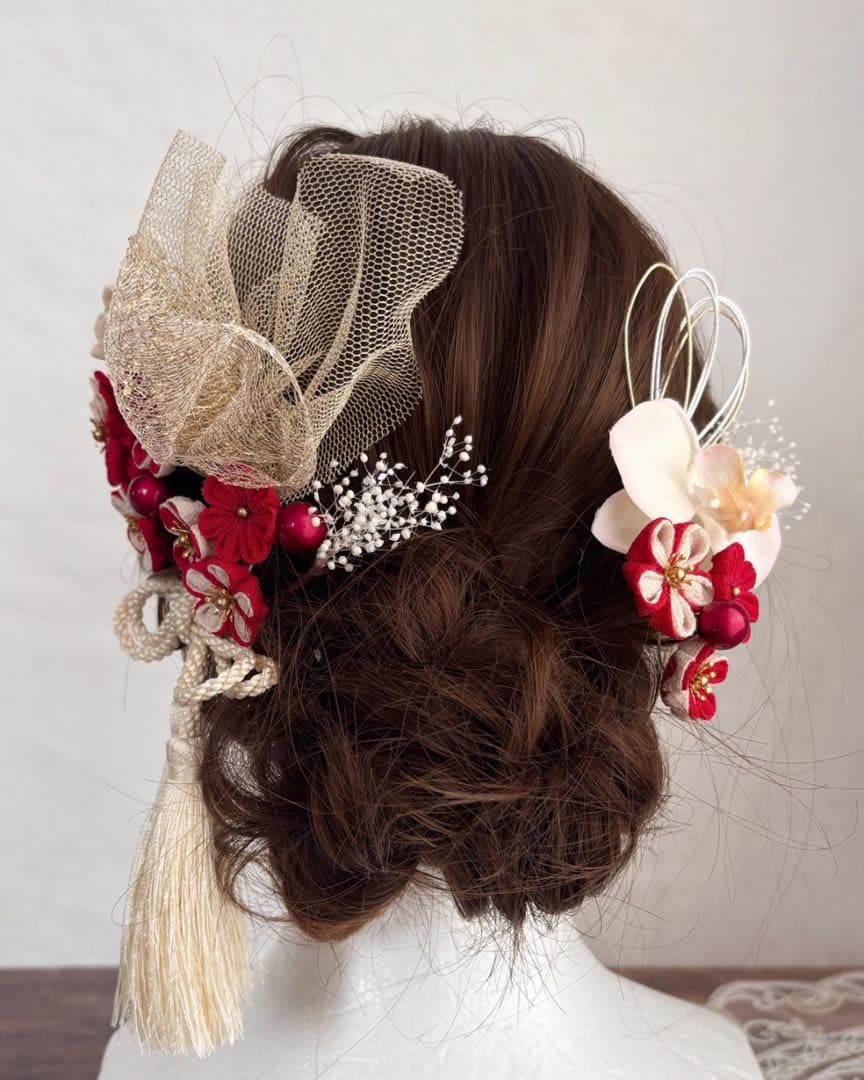 【レトロ❤︎七五三】レッド×アイボリーコームヘッドドレス 胡蝶蘭 水引 チュール