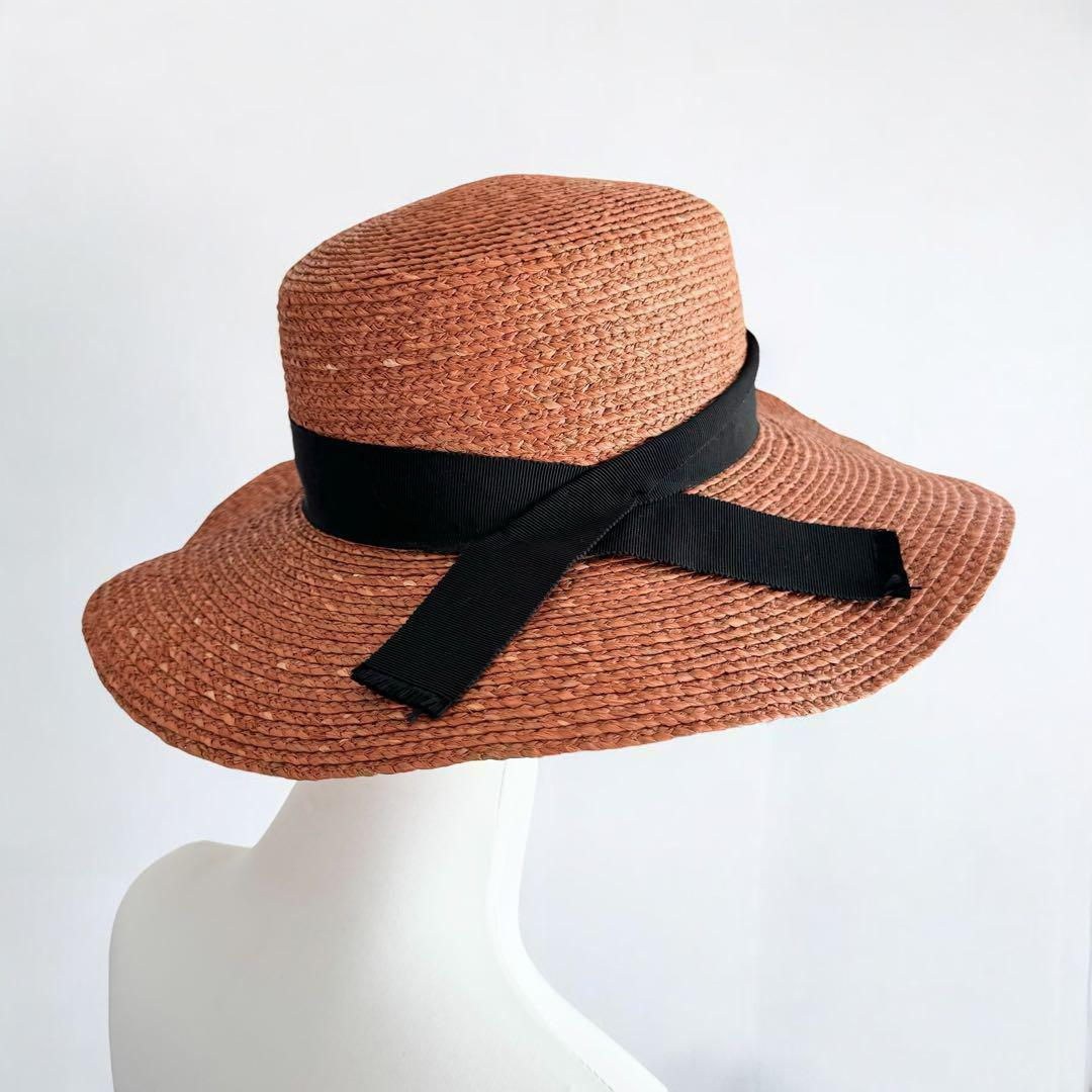 美品 ヘレンカミンスキー ワイドブリム ラフィアハット リボン ブラウン系