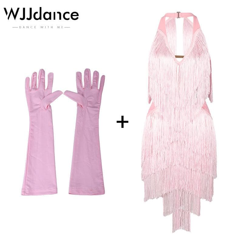 ラテンダンス ワンピース Vネック掛け襟 流蘇フリンジ スパンコール 手袋セット