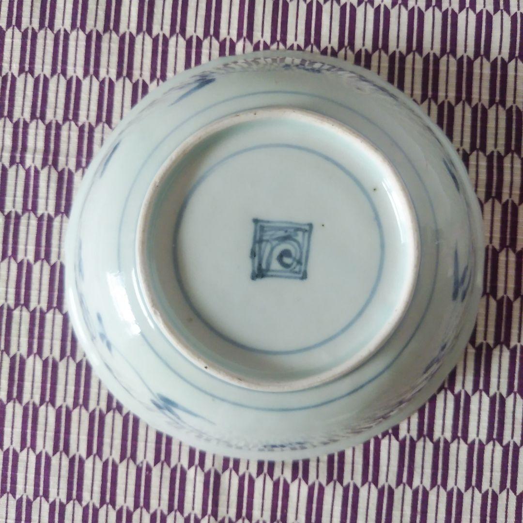 古伊万里 染付 芙蓉手 山水文輪花深皿 二重角渦福 宝珠 古染付 アンティーク