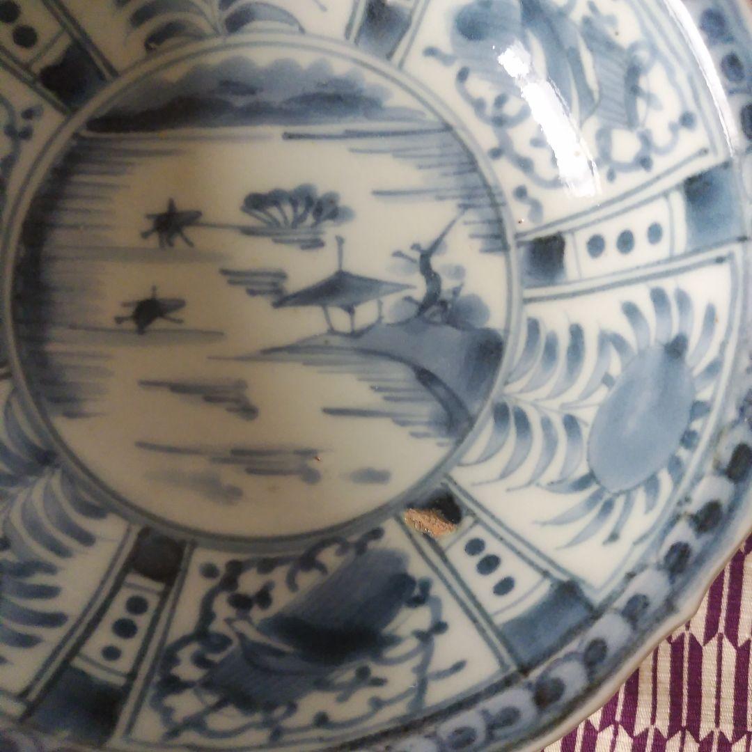 古伊万里 染付 芙蓉手 山水文輪花深皿 二重角渦福 宝珠 古染付 アンティーク