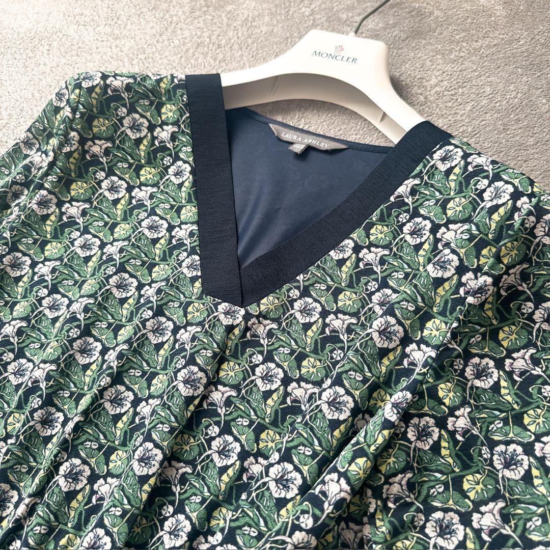 未着用　ローラアシュレイ 花柄 ジャージーワンピース ウエストリボン 11号 L