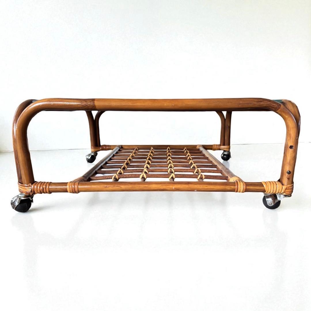 昭和レトロ ラタン ガラス ローテーブル キャスター 籐 ヴィンテージ