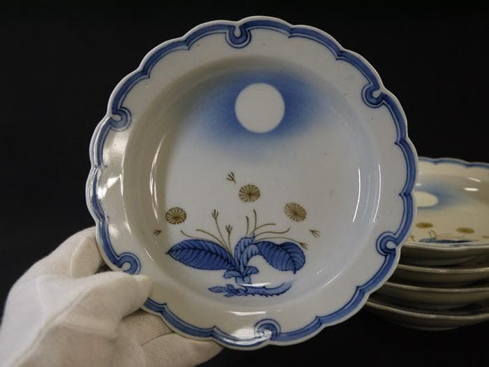 お値下源六焼　富永源六　雪輪形六寸皿５客　吹き絵の満月と草花文　無傷美品