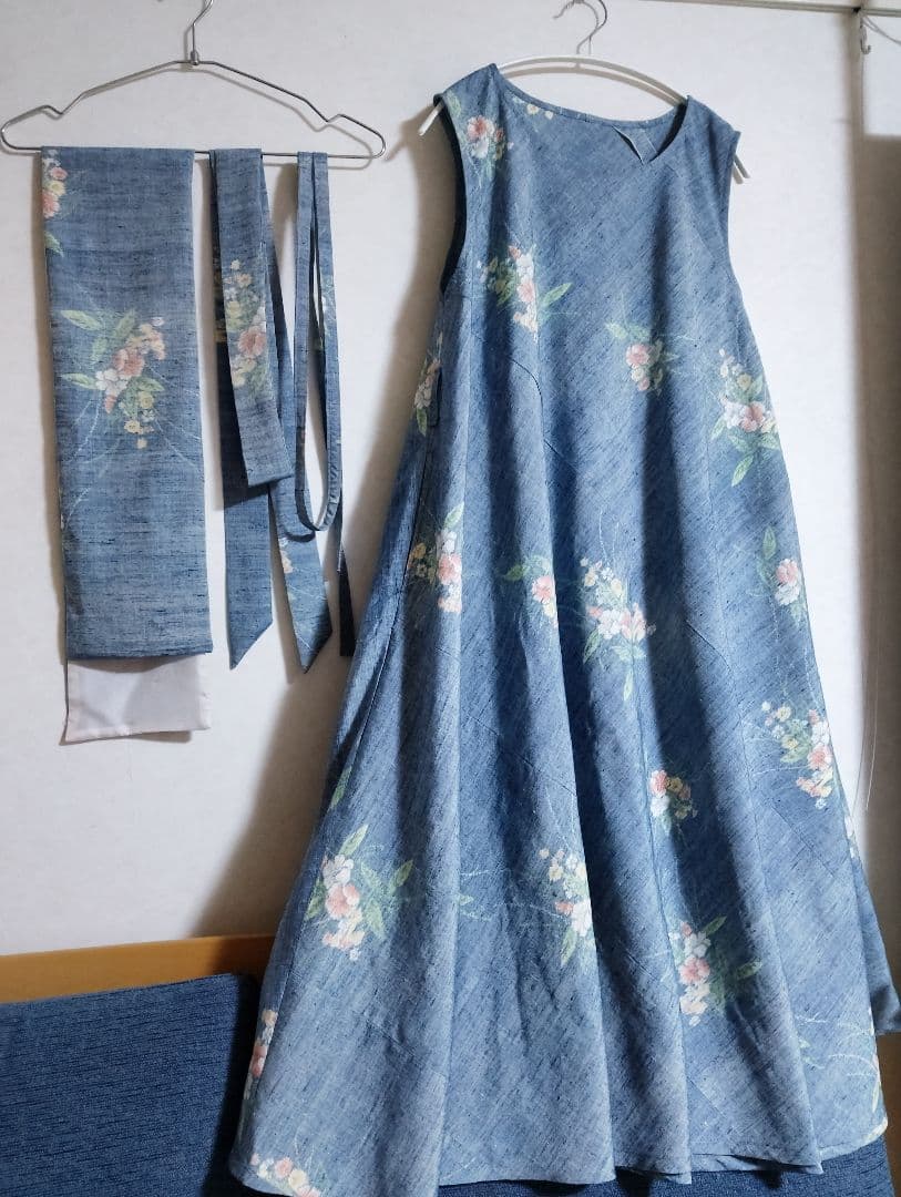 着物リメイク✿紬フレアーワンピース正絹✿ストールリボン2本付き✿