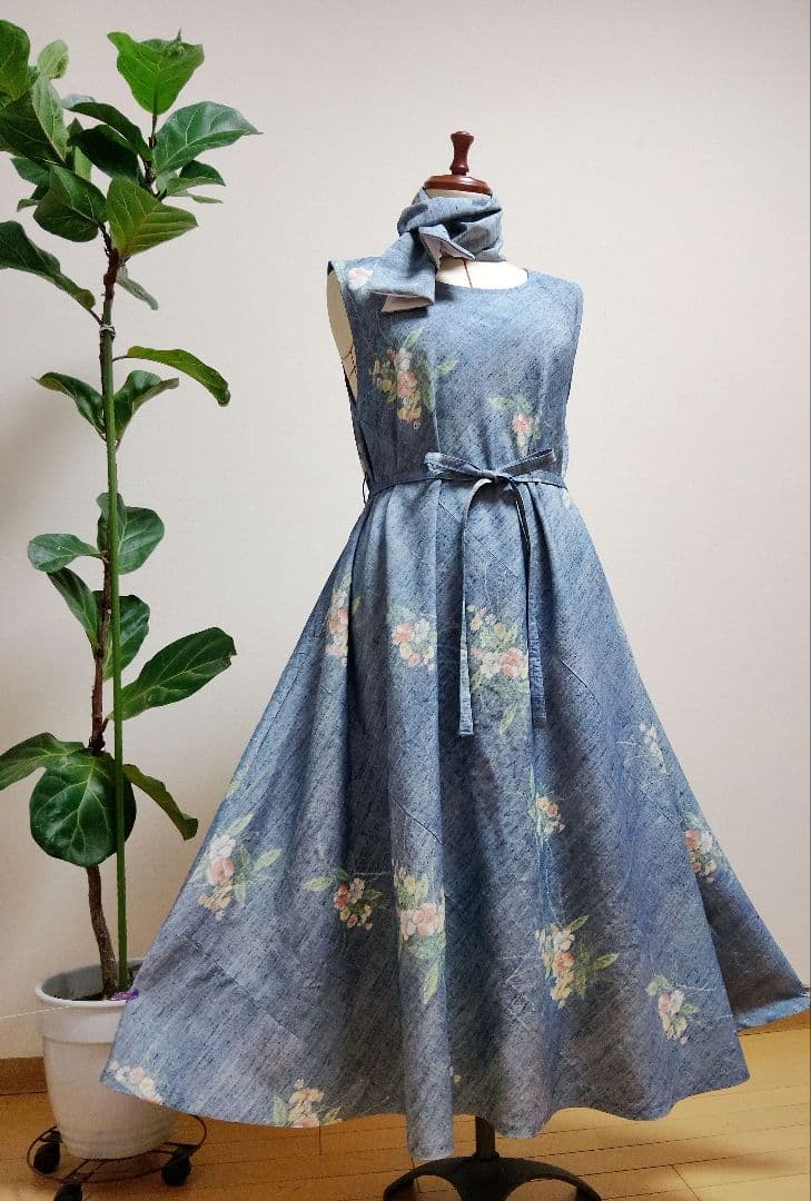 着物リメイク✿紬フレアーワンピース正絹✿ストールリボン2本付き✿