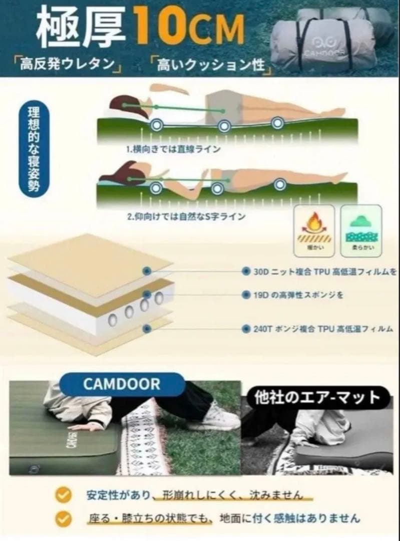 CAMDOOR インフレーターマットDX シング10cm 自動膨張式