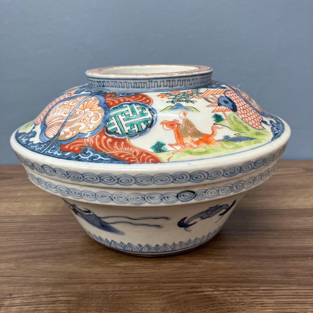 D-4 アンティーク 蓋付き 染付 錦手 鳳凰文様 鉢 時代物 骨董 古美術 丼