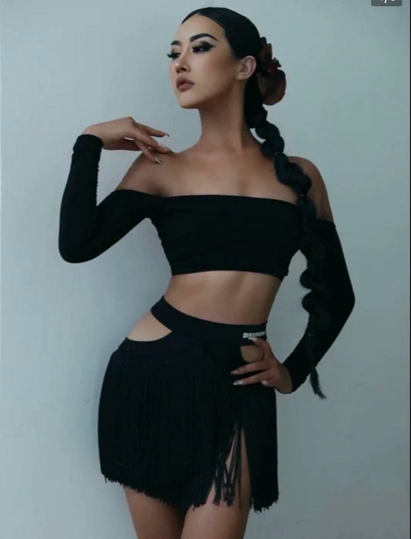 Dianfengラテンダンスレッスンウェア、豹柄トップス、黒スカート、Sサイズ