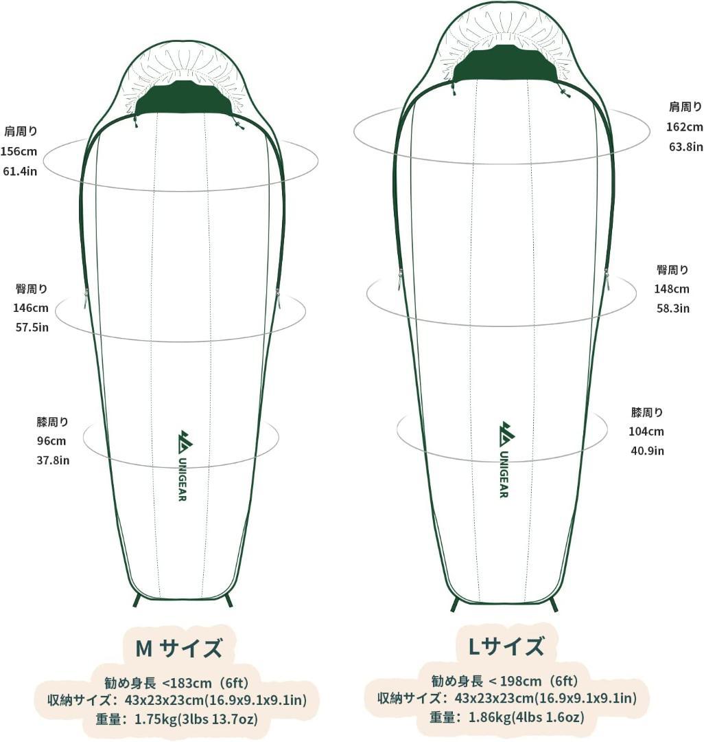 Unigear Campy Trail 1℃ 寝袋 マミー型 キャンプ シュラフ