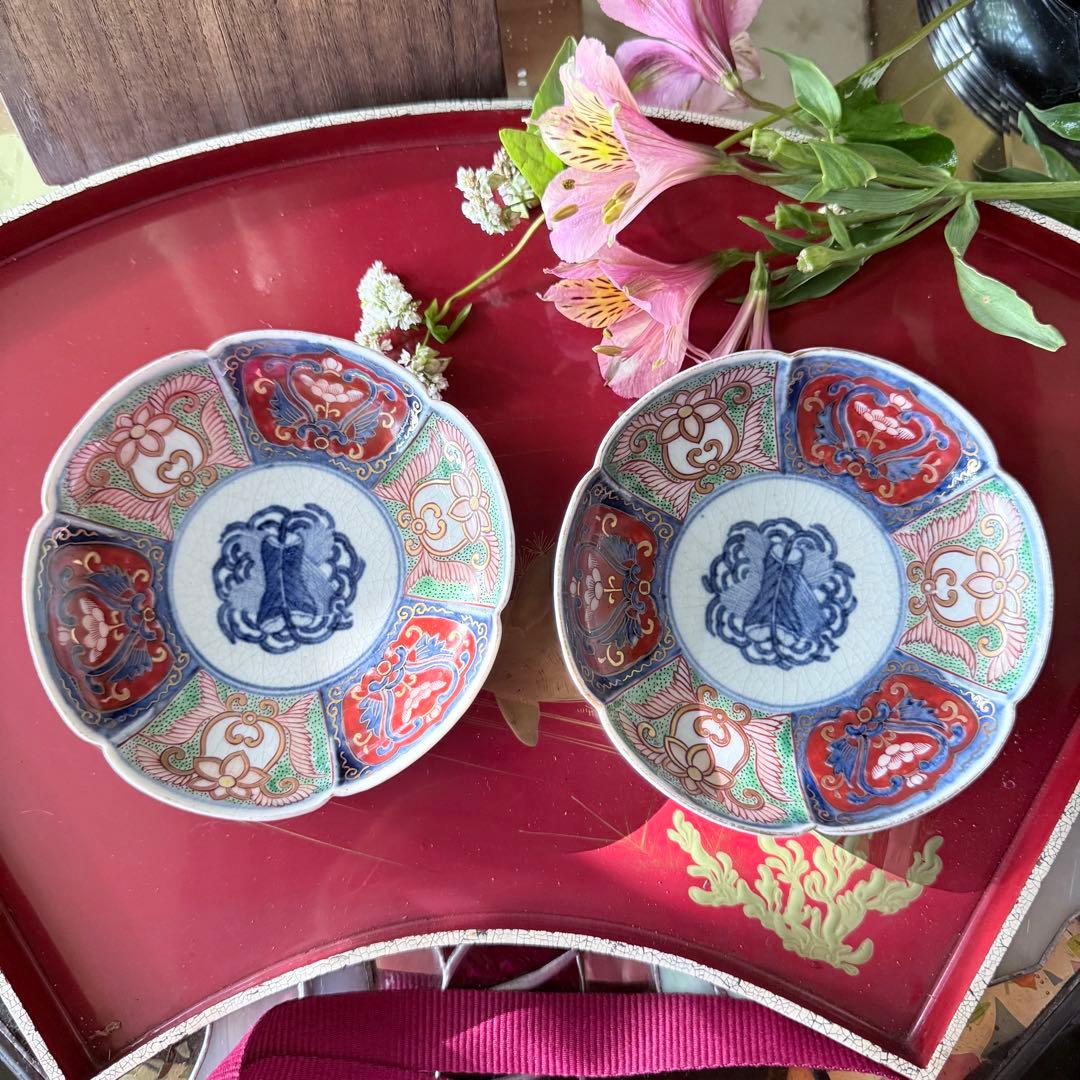 Y様へ感謝お嫁入‼️明治27年‼️超絶伊万里錦手　軍配❌瓔珞文輪花縁小皿15客➕3客