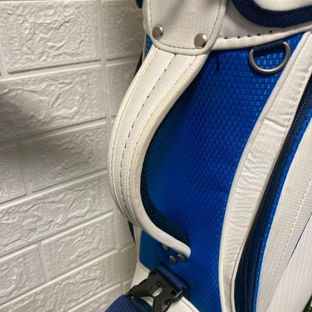 【美品】ミズノ キャディバッグ 5分割 フード付 ホワイト×ブルー 軽量