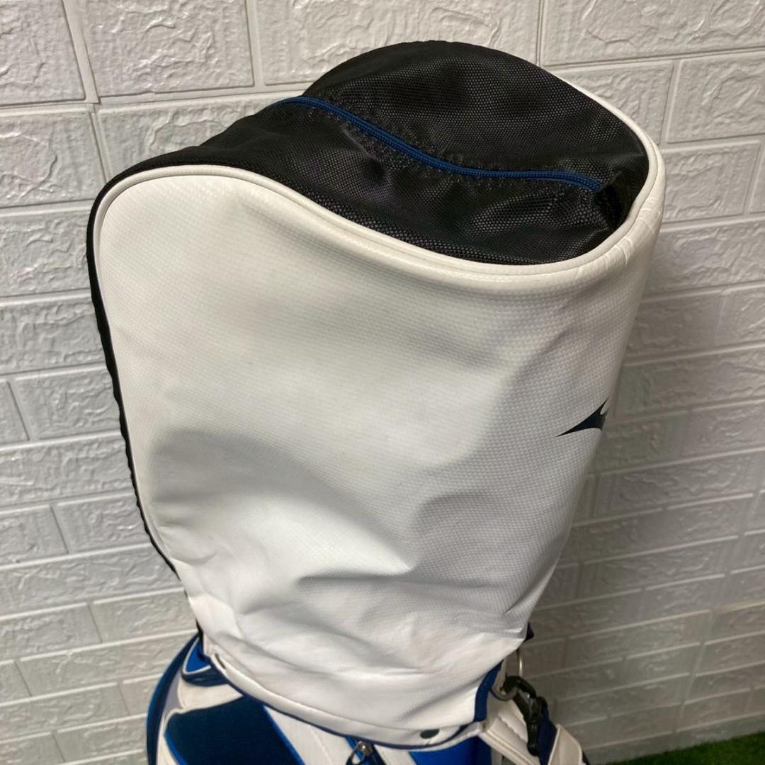 【美品】ミズノ キャディバッグ 5分割 フード付 ホワイト×ブルー 軽量