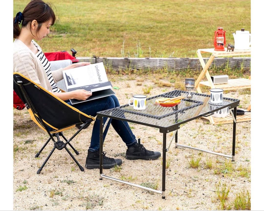 アウトドア キャンプBBQメッシュテーブル 高さ調整可能